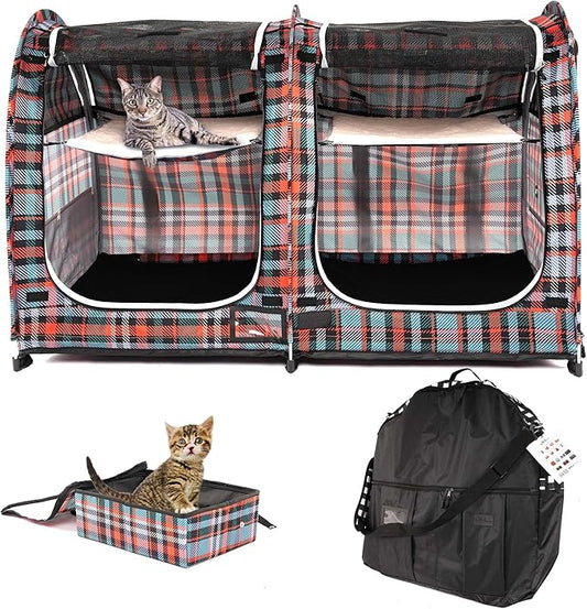 Mispace Portable Twin Compartment Show House Cat Cage/Condo - Easy to Fold & Carry Kennel - Comfy Puppy Home & Dog Travel Crate with Carry Bag/Two Hammocks/Mats and Collapsible Litter Box