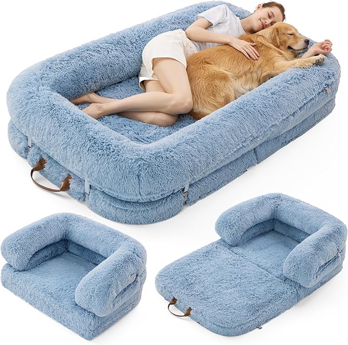 LE SURE Foldable Human Dog Bed - 3 in 1 Flexible Giant Human Dog Bed for Adult People with Supportive Bolster Egg Foam, Waterproof Liner, Calming Fluffy Faux Fur Orthopedic Big Bean Bed, Blue