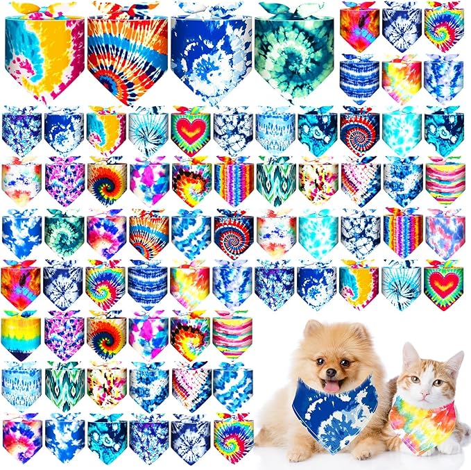 Reginary 72 Pack Tie Dye Dog Bandanas - Bulk Pet Scarf Bibs Triangle Kerchief Adjustable for Pet Grooming Costume Accessories