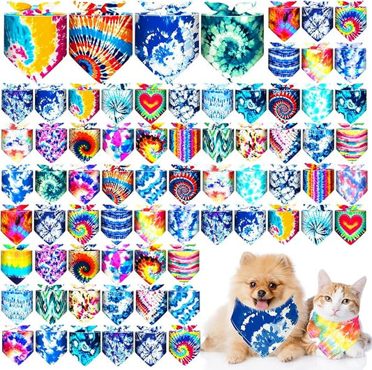 Reginary 72 Pack Tie Dye Dog Bandanas - Bulk Pet Scarf Bibs Triangle Kerchief Adjustable for Pet Grooming Costume Accessories
