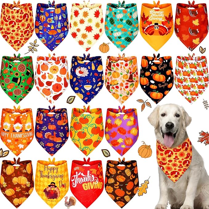 Weewooday 20 Pieces Fall Thanksgiving Dog Bandanas for Dogs Pumpkin Dog Bandana Turkey Triangle Pet Bib Adjustable Pet Bandana Soft Doggy Kerchief Accessories for Pet Costume