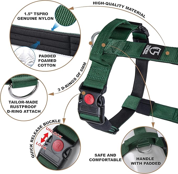 TSPRO Premium Heavy Duty Dog Harness, Adjustable Tactical Dog Harness for Large Dogs with Quick-Release Buckle and Comfortable Soft Handle for Outdoor Walking and Running (Red M)