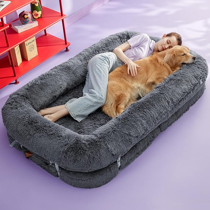 LE SURE Foldable Human Dog Bed - 3 in 1 Flexible Giant Human Dog Bed for Adult People with Supportive Bolster Egg Foam, Waterproof Liner, Calming Fluffy Faux Fur Orthopedic Big Bean Bed, Dark Grey