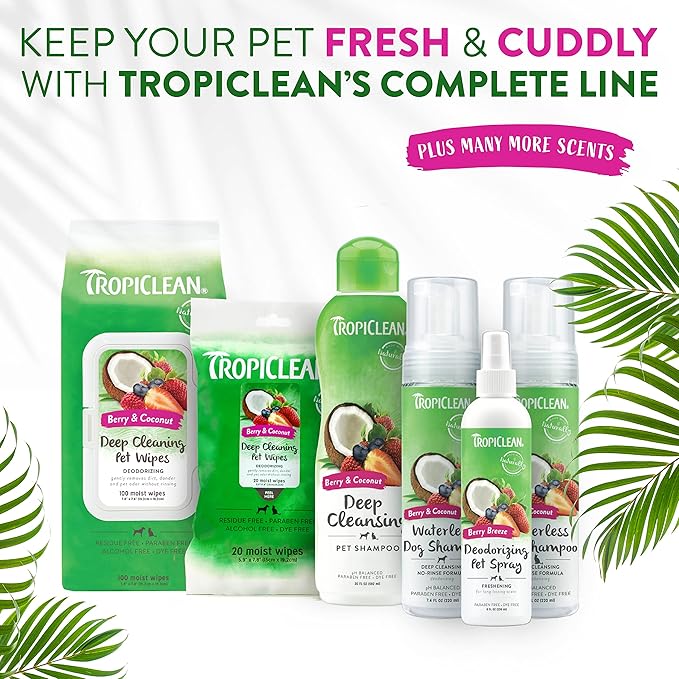 TropiClean Deep Cleaning Pet Wipes, 100ct - Wipes for Dogs & Cats - Gently Removes Dirt, Dander & Smells - for Pet Paws, Face, Body & Bottom - Sweet Berry & Coconut Scent