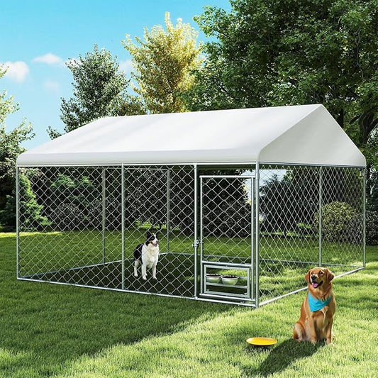 Rovibek 10x10 Ft Dog Kennel Outside, Outdoor Dog Kennel with Roof, Dog Kennels Outdoor with Steel Rotating Feeder Bowls, Outside Kennel for Large Dogs
