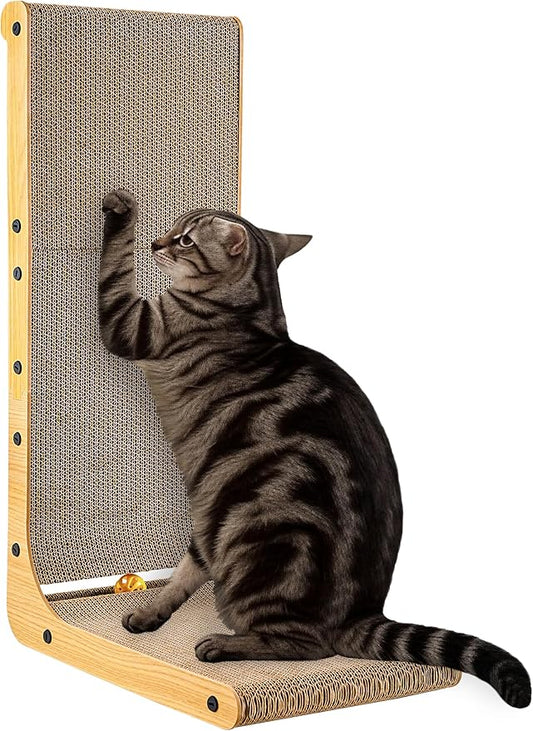 Cat Scratcher, 26.8 Inch L-Shaped Cat Scratch Pad with Wall-Friendly Arc, Cardboard Cat Scratching Board with Ball Toy for Indoor Cats