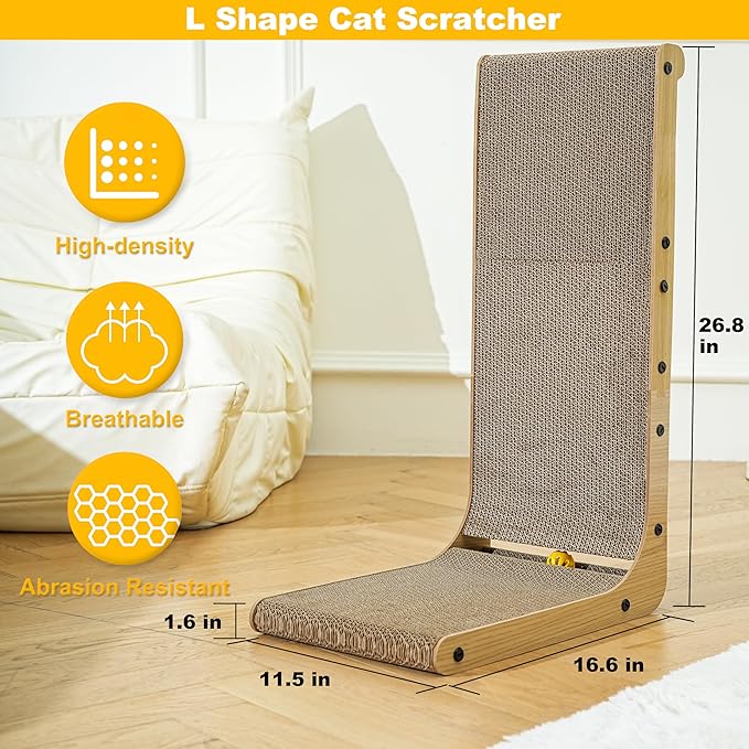 Cat Scratcher, 26.8 Inch L-Shaped Cat Scratch Pad with Wall-Friendly Arc, Cardboard Cat Scratching Board with Ball Toy for Indoor Cats