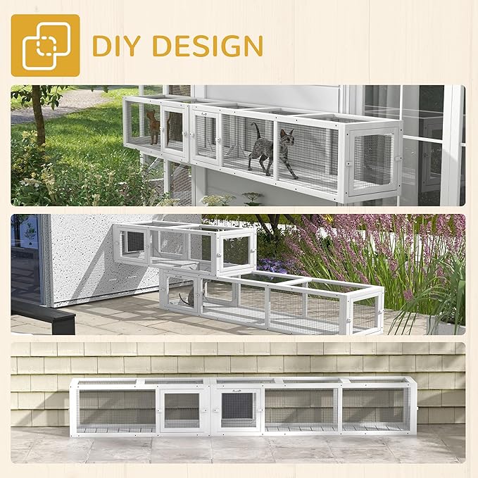 PawHut Cat Tunnel - Outdoor Wooden Tube with Combinable Design, 8 Doors, 98" Cat Toys for Kitty, Puppy, Pet, House, Window, Cage, White