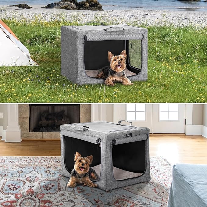 PETSFIT Dog Travel Crate, Soft Sided Dog Crate - 24 Inch Easy Set-up, Light, Sturdy, Comfy Inside with Thicken Mat, Soft Crate for Home and Travel Gray