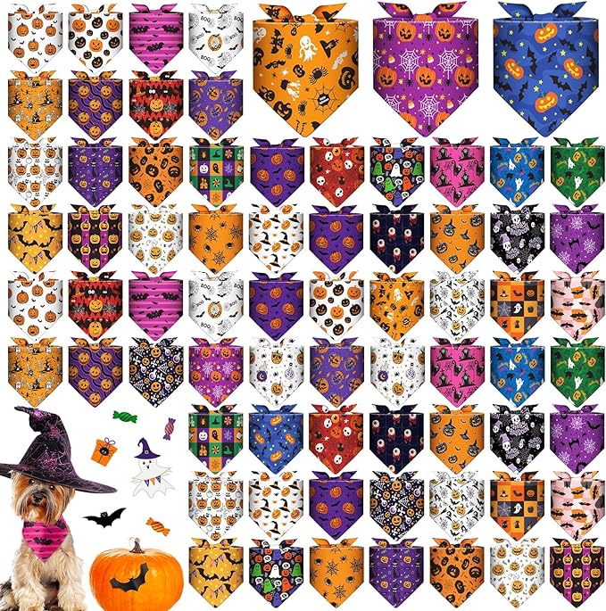 Sanwuta 72 Pcs Halloween Dog Bandana Bulk Washable Puppy Triangle Scarfs Halloween Pumpkin Cat Bandanas Adjustable Soft Pet Triangle Bibs Accessories for Small Medium Dogs Cats Pets Costume