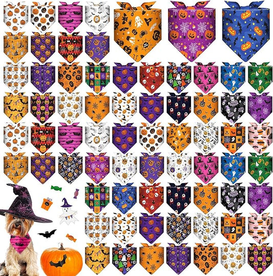 Sanwuta 72 Pcs Halloween Dog Bandana Bulk Washable Puppy Triangle Scarfs Halloween Pumpkin Cat Bandanas Adjustable Soft Pet Triangle Bibs Accessories for Small Medium Dogs Cats Pets Costume