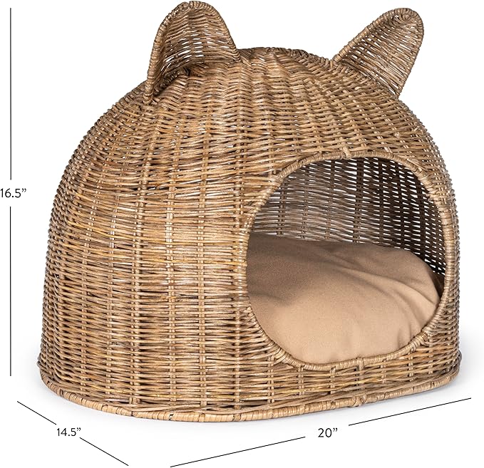 CBD1000A Cat Ear 20" x 14.5" Coastal Handwoven Rattan Cat Bed with Machine-Washable Cushion, Natural