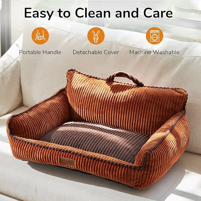 FUKUMARU Cat Couch Bed, Fluffy Corduroy Cat Beds for Indoor Cats with Washable Cover, Waterproof Small Dog Sofa Beds with Portable Handle and Anti-Slip Bottom, Pet Beds & Furniture 28inch, Orange