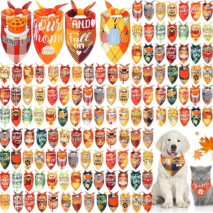 Preboun 200 Pcs Thanksgiving Dog Bandanas Bulk Dog Holiday Scarf Bibs Autumn Puppy Bandanas Adjustable Washable Kerchief Pet Costume Accessories Grooming Supplies for Small to Medium Cats
