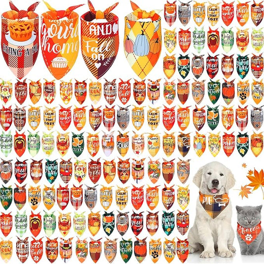 Preboun 200 Pcs Thanksgiving Dog Bandanas Bulk Dog Holiday Scarf Bibs Autumn Puppy Bandanas Adjustable Washable Kerchief Pet Costume Accessories Grooming Supplies for Small to Medium Cats