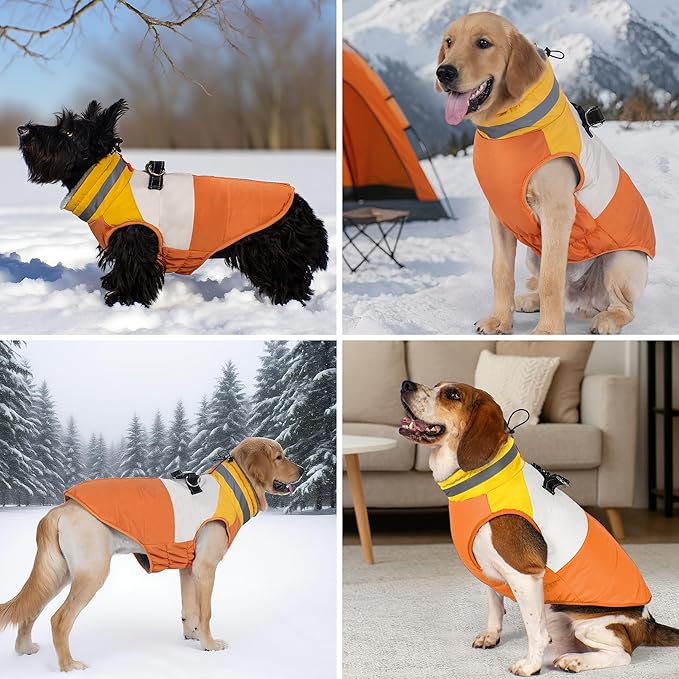 azuza Dog Jacket for Medium Dogs Waterproof Dog Coat with Reflective Strips and Harness Built in Warm Fleece Dogs Winter Coat Windproof with Back Zipper, Orange 2XL