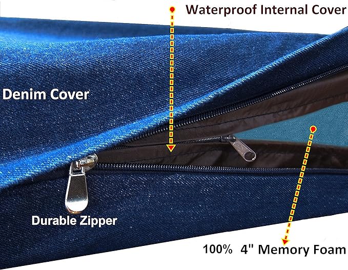 Dogbed4less Medium Large Orthopedic Heavy Duty Gel Infused Memory Foam Pet Bed, Waterproof Liner, Denim in Blue