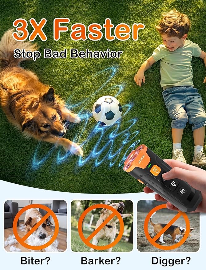 Dog Bark Deterrent Device - Ultrasonic Anti-Barking Devices with 3X Sonic Emitters, Fit for 6 Months to 8 Years & Rechargeable Bark Control - Safe for Dogs Training - Indoor & Outdoor (Black)