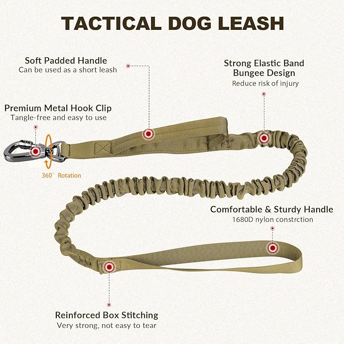 Tactical Dog Collar and Bungee Leash, Camo Military Dog Collar & Leash Set with USA American Flag Adjustable K9 Collar with Heavy Duty Metal Buckle & Handle,with Patches and Airtags Case (L, Brown)