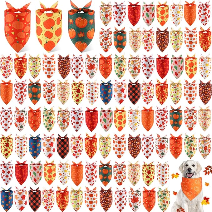 Sweetude 100 Pieces Fall Dog Bandanas Bulk,Thanksgiving Bandanas for Dogs Pumpkin Maple Leaves Pattern Puppy Triangle Scarf Bibs for Medium Small Pet Autumn Costume Accessories(31.5 x 21.65 x 21.65)