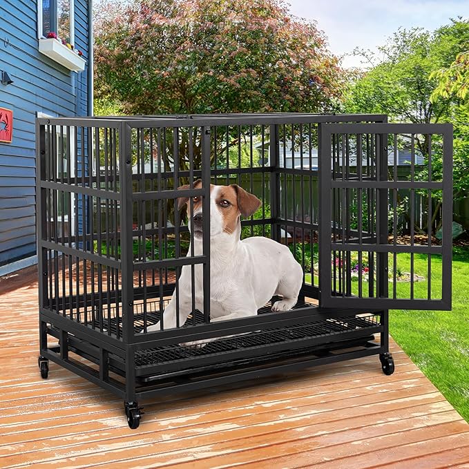 JY QAQA 48/38 Inch Heavy Duty Indestructible Dog Crate Double Doors Escape Proof Cage Kennel,Enhanced Metal Pet Cage,Extra Large XL XXL Crate Indoor for Large Dog with Removable Tray,Lockable Wheels
