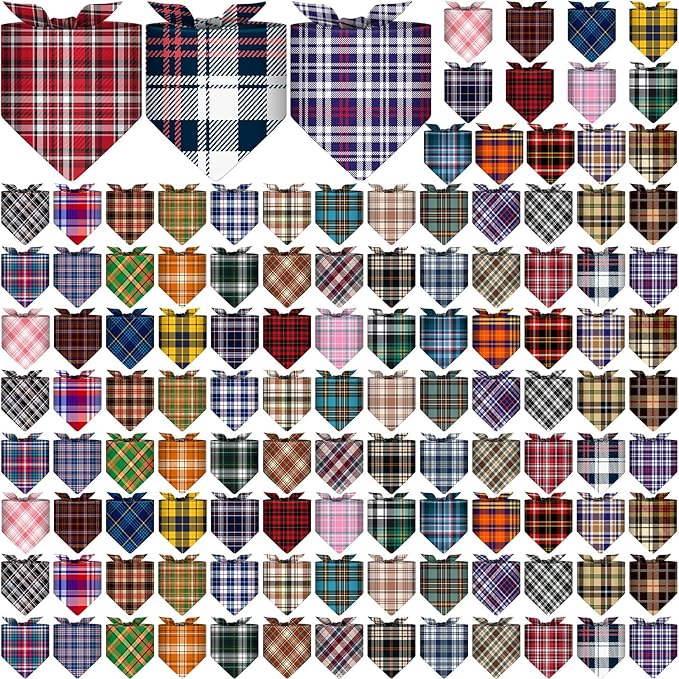 Amylove 120 Pcs Halloween Dog Bandanas Bulk Thanksgiving Day Holiday Triangle Dog Pack Puppy Kerchief Bandana Adjustable Pet Scarf for Pet Cat Costume Accessories Decor(Plaid)
