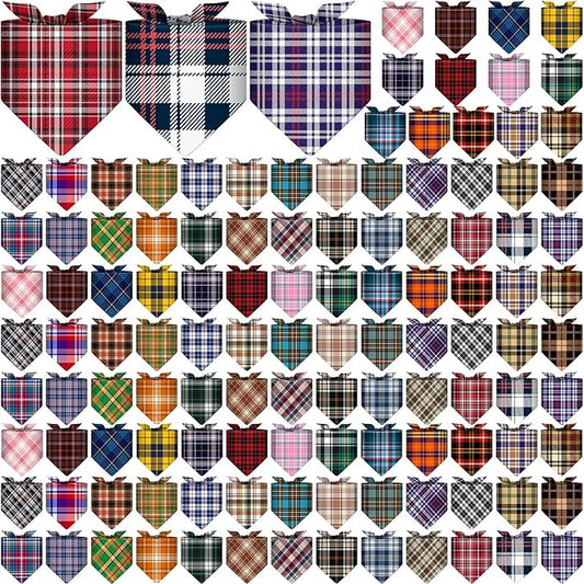 Amylove 120 Pcs Halloween Dog Bandanas Bulk Thanksgiving Day Holiday Triangle Dog Pack Puppy Kerchief Bandana Adjustable Pet Scarf for Pet Cat Costume Accessories Decor(Plaid)