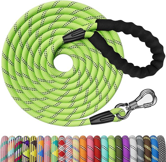 NTR Heavy Duty Dog Leash, 15FT Training Leash with Swivel Lockable Hook, Padded Handle and Highly Reflective Threads, Dog Lead for Walking, Hunting, Camping, Backyard for Small Medium Large Dog Green