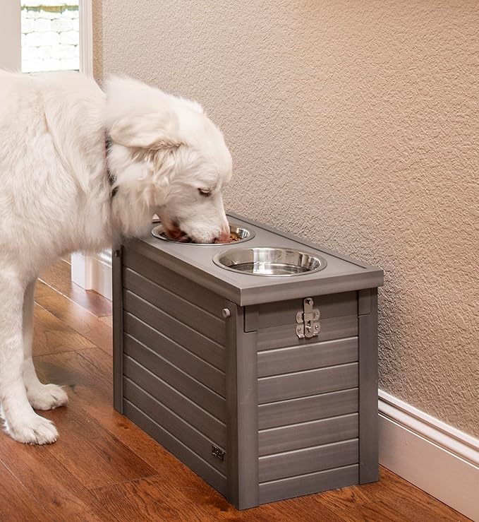 New Age Pet ECOFLEX Piedmont 2-Bowl Elevated Dog Feeder with Sliding Lid Storage Bin - Grey, Ideal for Small Spaces and Taller Dogs, Easy to Clean and Assemble, Non-Toxic and Moisture Resistant
