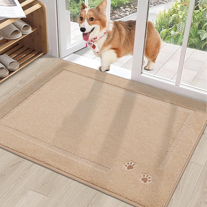 BEQHAUSE Dog Door Mat for Muddy Paws 24"x36" Dirt Trapper Absorbent Doormat Non Slip Entryway Rugs Washable Stain Resistant Welcome Floor Mat Soft Low-Profile for Front Back Door, Beige