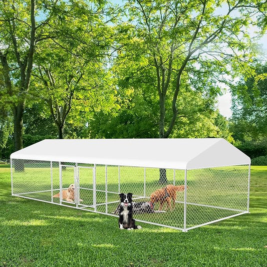 Rovibek 7.5 ×19.7 FT Outdoor Dog Kennel with Roof, Two Rooms Dog Kennel Outside with Waterproof Sunproof Cover, Galvanized Heavy Duty Dog Kennel and Enclosure for Outside with Secure Lock