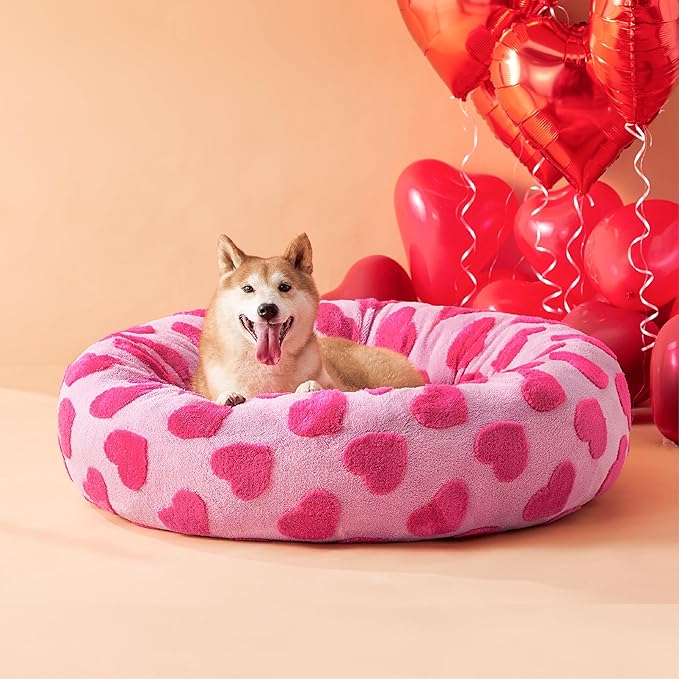 LE SURE Donut Large Dog Bed - Round Cat Beds for Indoor Anti-Anxiety Calming Pet Beds, Washable Cute Modern Beds with Teddy Sherpa Plush & Anti Slip Bottom, 36 Inch, Heart Pink