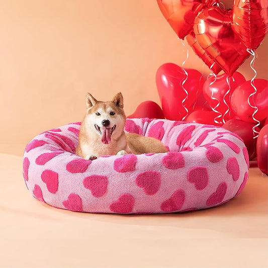 LE SURE Donut Large Dog Bed - Round Cat Beds for Indoor Anti-Anxiety Calming Pet Beds, Washable Cute Modern Beds with Teddy Sherpa Plush & Anti Slip Bottom, 36 Inch, Heart Pink