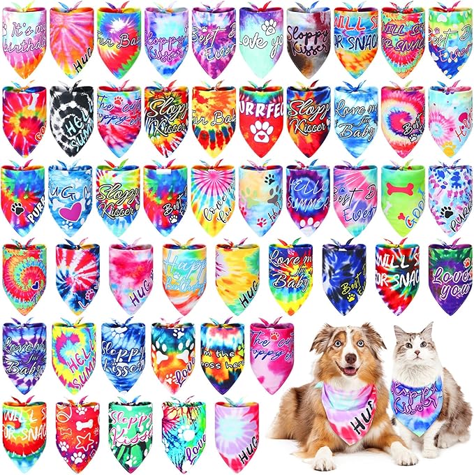 50 Pcs Tie Dye Dog Bandanas Bulk Pet Bibs Colorful Triangle Scarf Tie Dye with Sayings Pet Bandanas for Medium Large Dogs Spring Summer Birthday Costume Decor