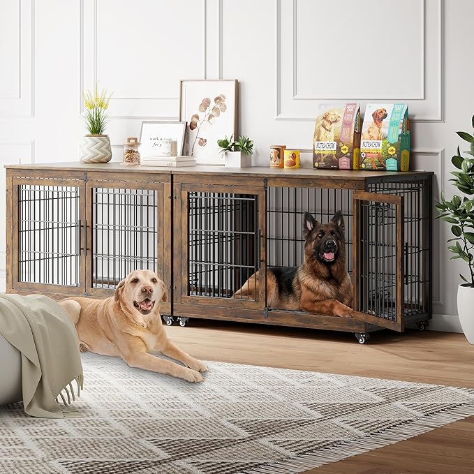 Dog Crate Furniture with Cushion Set of 2, Wooden Dog Kennel Indoor with Double Doors, Dog Cage with Wheels, Dog House Side End Table for Large Dogs up to 85 lb, 44" L, Rustic Brown