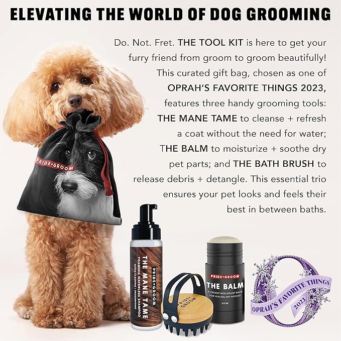 Pride and Groom The Tool Kit – Dog Grooming Gift set of 7.1oz of Foaming Waterless Shampoo, 2.5oz of Moisturizing Balm, and a Versatile Brush to Cleanse, Moisturize, Detangle and More in Between Baths