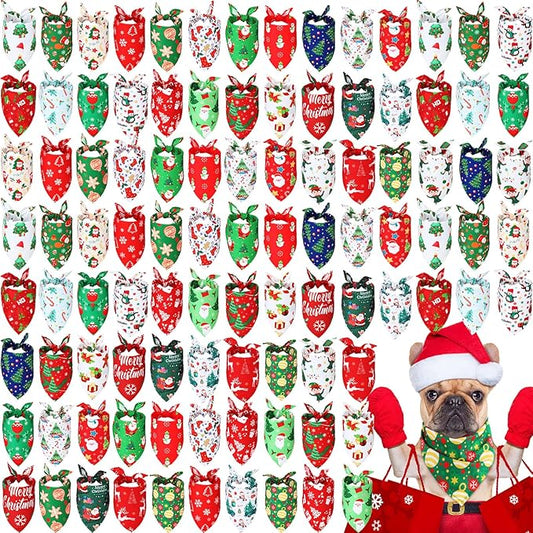 Abbylike 100 Pcs Christmas Dog Bandanas Bulk Xmas Bandanas for Dogs Triangle Kerchief Bibs Scarf Set for Pet Xmas Costume Photo Props Accessories Pet Shops Grooming, 25 Styles (25.6 x 17.7 x 17.7)