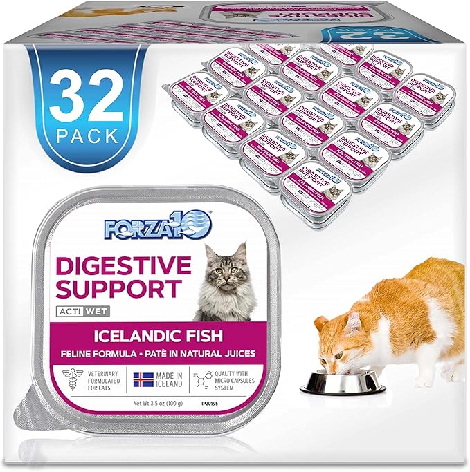 Forza10 Wet Cat Food Intestinal, Fish Salmon Cat Food Flavor, Sensitive Stomach Wet Cat Food for Adult Cats with Gastrointestinal and Digestive Problems (32 Pack)