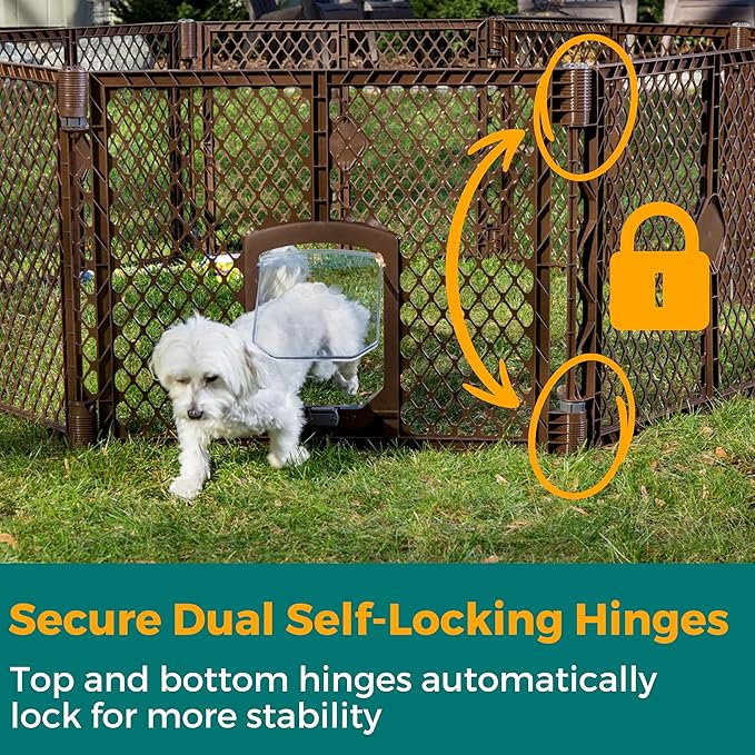 MyPet 8-Panel Petyard Passage: 6.5 ft. Wide 26 in. Tall Brown Freestanding Customizable Folding Pet Enclosure with Lockable Pet Door; Indoor/Outdoor Puppy Playpen Made in USA