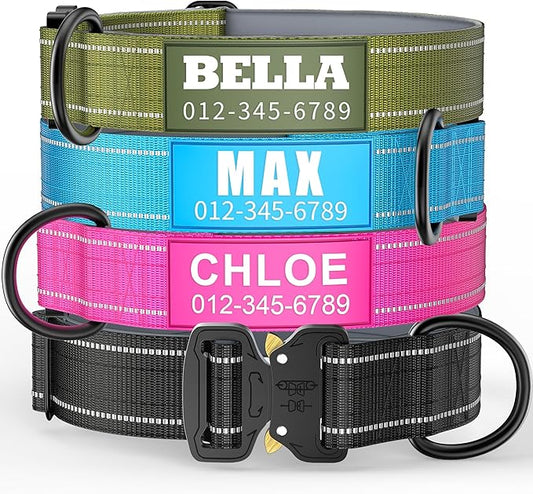 Personalized Tactical Dog Collar with Soft Padding & Reflective Strips for Large Dogs, Heavy Duty Nylon with Metal Buckle, Custom Name, Durable, Available in Pink, Blue, Black, Green