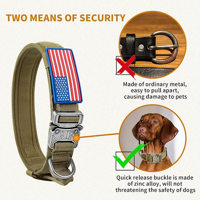 Military Dog Collar, Adjustable Nylon, Heavy Duty Metal Buckle with Handle, Includes Airtags Case Cover and Patches, Brown, XL, Suitable for Large Dogs