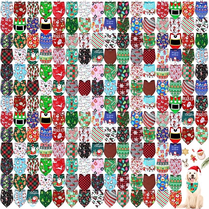 200 Pcs Christmas Dog Bandanas Bulk Snowman and Santa Claus Triangle Dog Handkerchief Bandanas Adjustable Pet Scarf Soft Comfortable Kerchief for Christmas Small to Large Puppy Cat