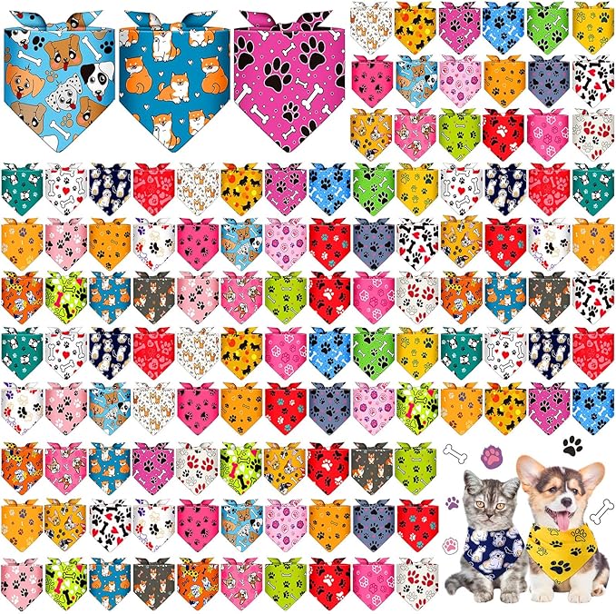 Sanwuta 120 Pcs Bandanas for Dogs Bulk Bones Triangle Dog Bandana Washable Pet Scarves Adjustable Bibs for Small and Medium Pets, 30 Styles