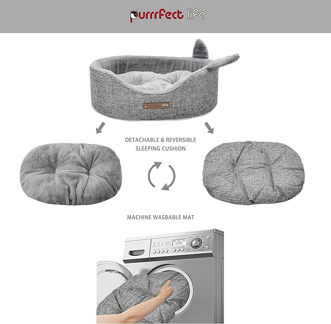 Oval Pet Beds for Cats and Small Dogs, Snuggery Bolster Pet Bed, Ultra Soft Short Plush, Washable High Resilience PP Cotton, and More (Medium, Gray)
