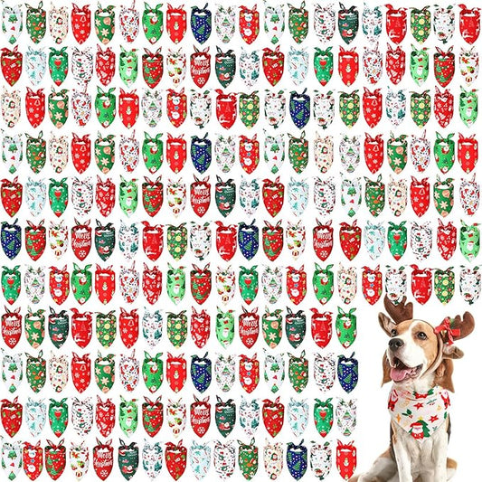 Abbylike 200 Pieces Christmas Dog Bandanas Bulk Xmas Dog Bandanas for Dogs Dog Kerchief Set Bibs Triangle Dog Scarf for Pet Christmas Costume Accessories Decoration