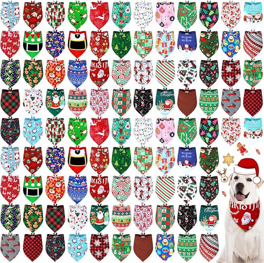 Newwiee 100 Pcs Christmas Dog Bandanas Bulk for X-Large Dogs Holiday Xmas Triangle Bibs Scarf Adjustable Soft Breathable Pet Christmas Scarf Accessories for Large Puppy Cat