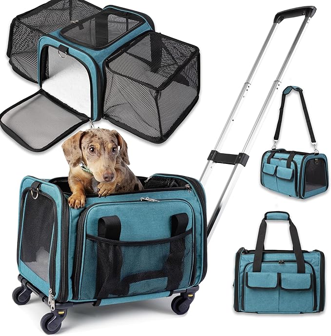 Pet Carrier with Wheels | Delta American Frontier Airline Approved | Two Expandable Sides, Storage Pockets Adjustable Leash | Rolling Dog and Cat Carrier TSA Compliant (Blue 17x12.5x11)