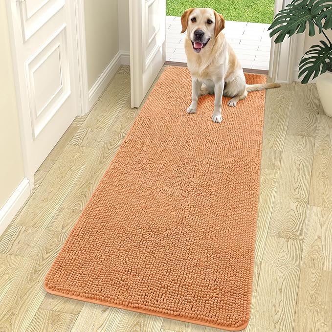 OLANLY Dog Door Mat for Muddy Paws 70x24, Absorbs Moisture and Dirt, Absorbent Non-Slip Washable Doormat, Quick Dry Chenille Mud Mat for Dogs, Entry Indoor Entryway Carpet for Inside Floor, Orange
