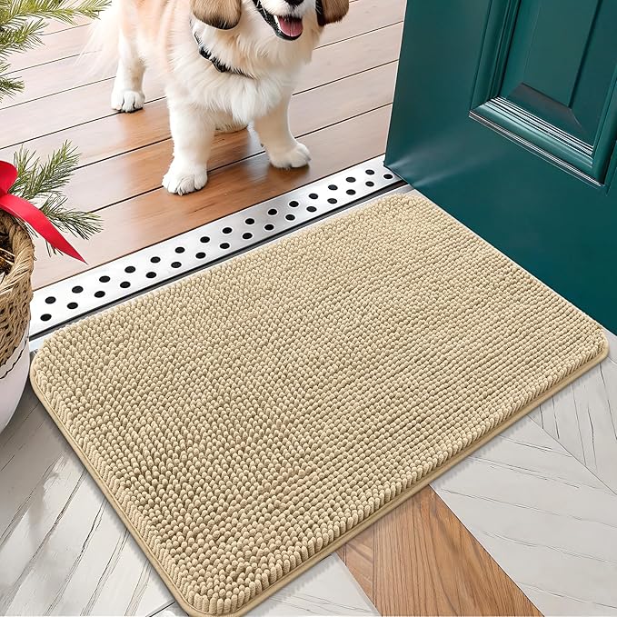 OLANLY Dog Door Mat for Muddy Paws 24x16, Absorbs Moisture and Dirt, Absorbent Non-Slip Washable Doormat, Quick Dry Chenille Mud Mat for Dogs, Entry Indoor Entryway Carpet for Inside Floor, Beige