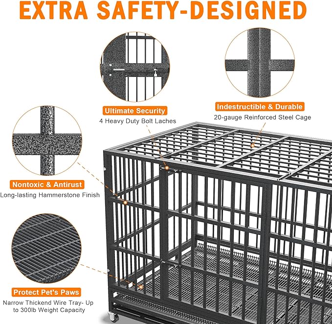 54/48/42/38 inch Heavy Duty Indestructible and Escape-Proof Dog Crate Cage Kennel for Large Dogs, High Anxiety Dog Crate with Removable Wire Trays and Wheels, Extra Large XL XXL